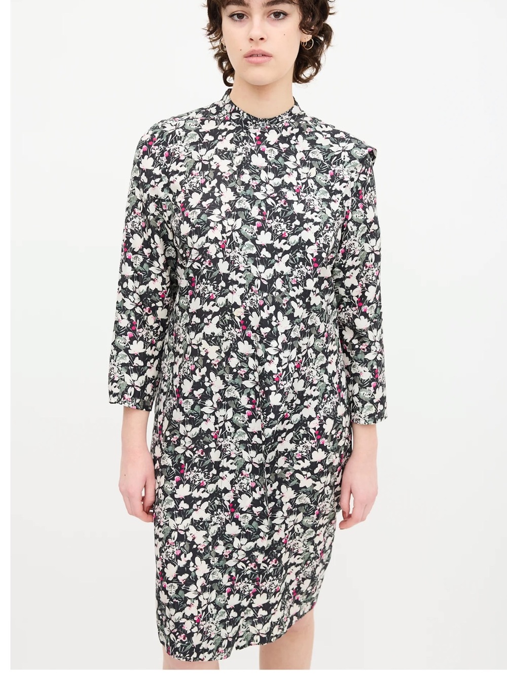 Acne Floral Long-Sleeve Shift Dress in Black, White and Pink / size medium US